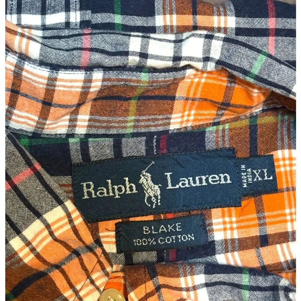 Vintage Ralph Lauren Blake Mens XL Short Sleeve Plaid Shirt Navy Orange